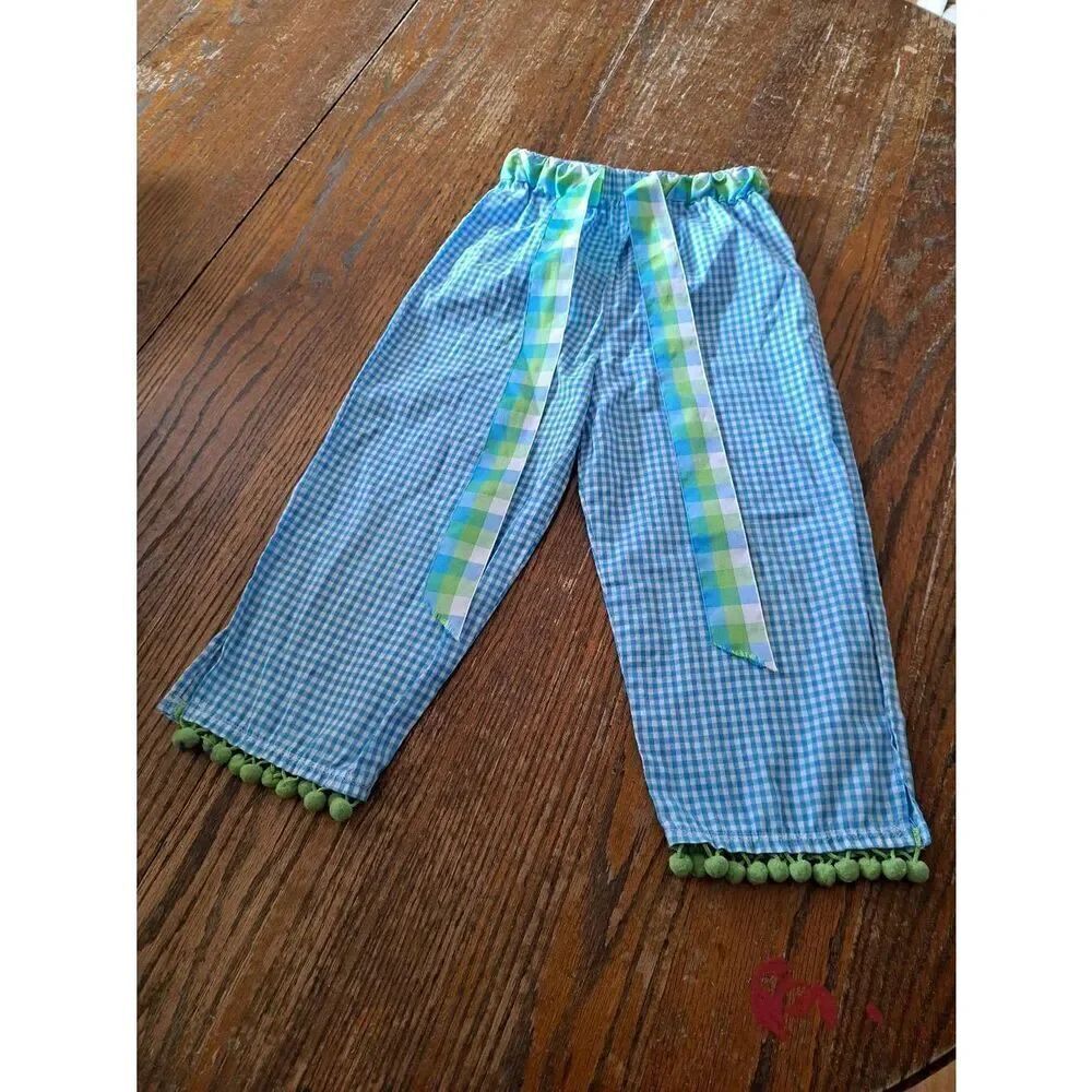Girls Size 6 Chabre Blue Green White Plaid Elastic Belted Waist Boho Style Pants